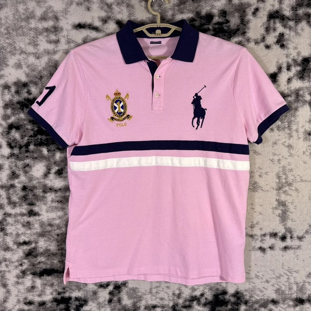 Polo Ralph Lauren Big Pony Shirt Mens Large Pink Stripe Crest #1 Preppy y2k